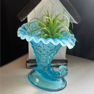 FENTON Opalescent Blue Opalescent Hobnail Ruffled Candlestick Holder Cornucopia